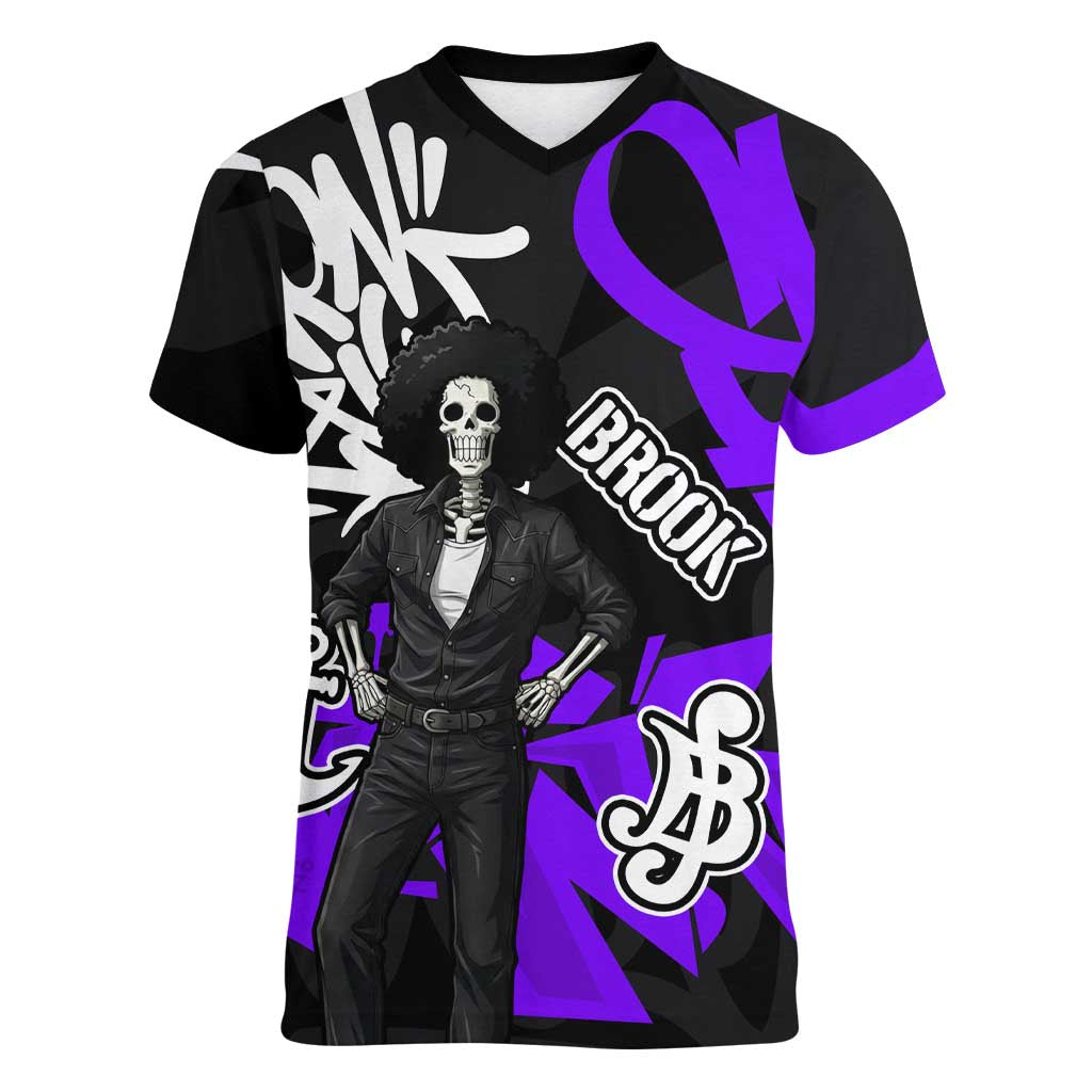 Brook One Piece Women V-Neck T-Shirt Graffiti Street Art Anime Collage