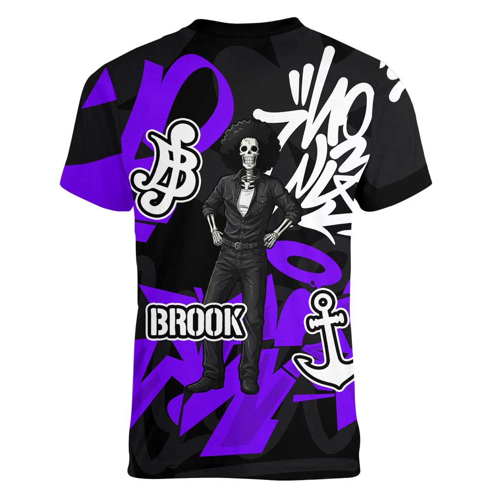 Brook One Piece Women V-Neck T-Shirt Graffiti Street Art Anime Collage