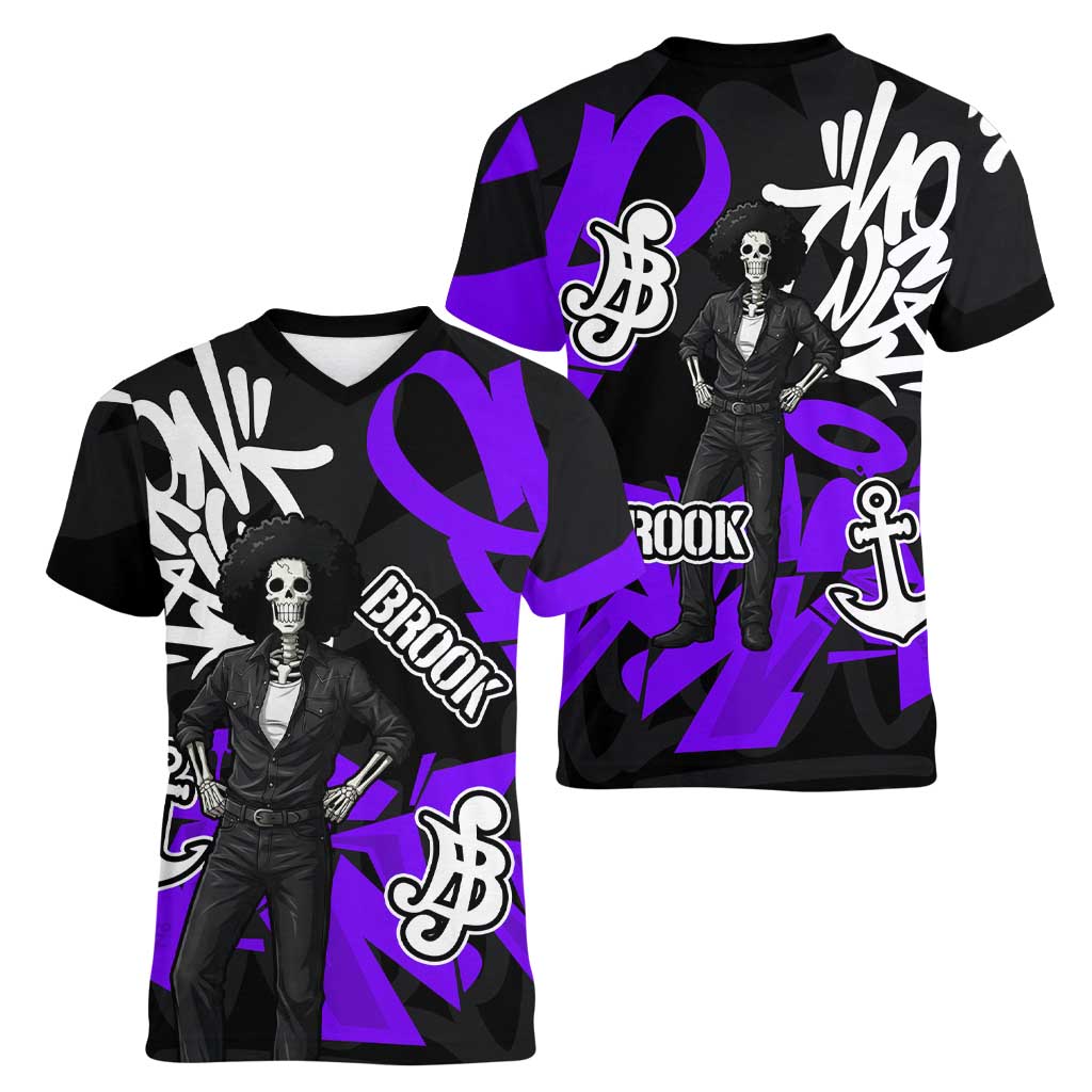 Brook One Piece Women V-Neck T-Shirt Graffiti Street Art Anime Collage