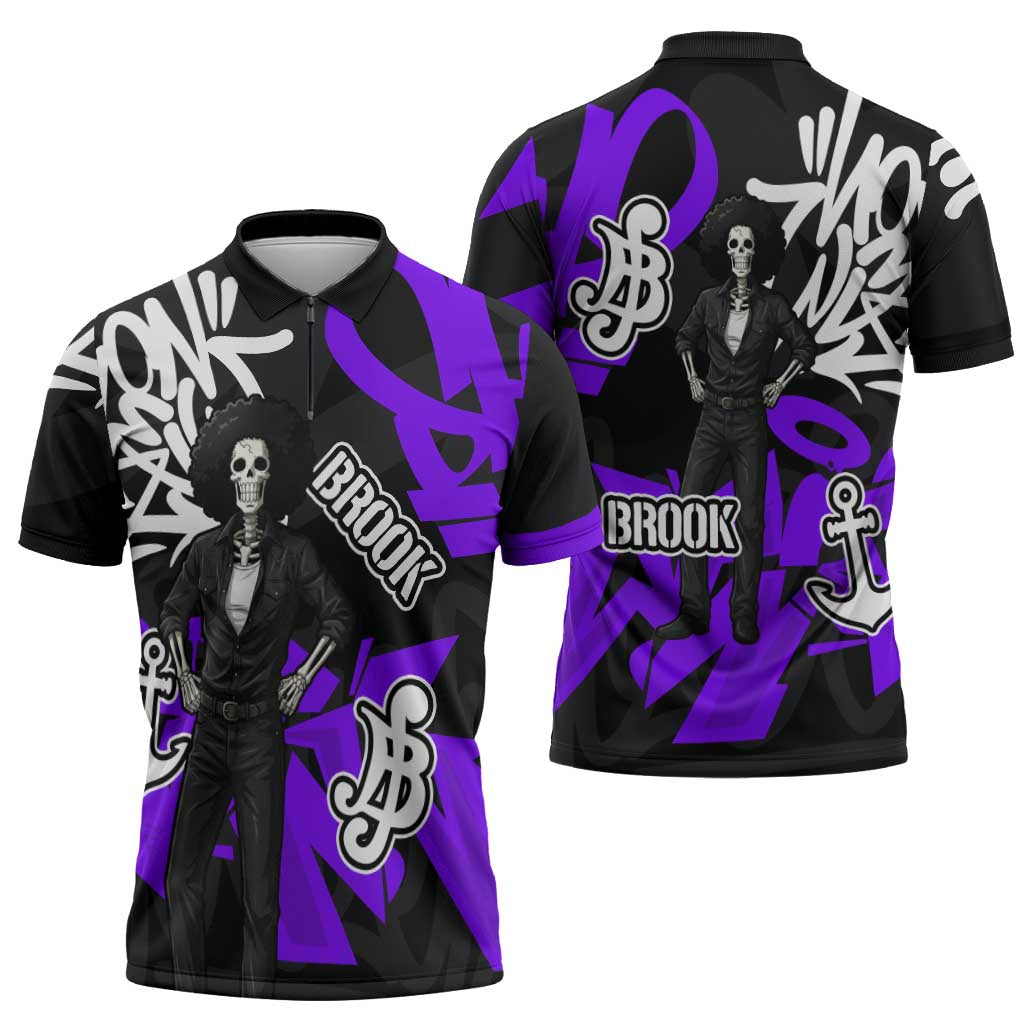 Brook One Piece Zipper Polo Shirt Graffiti Street Art Anime Collage