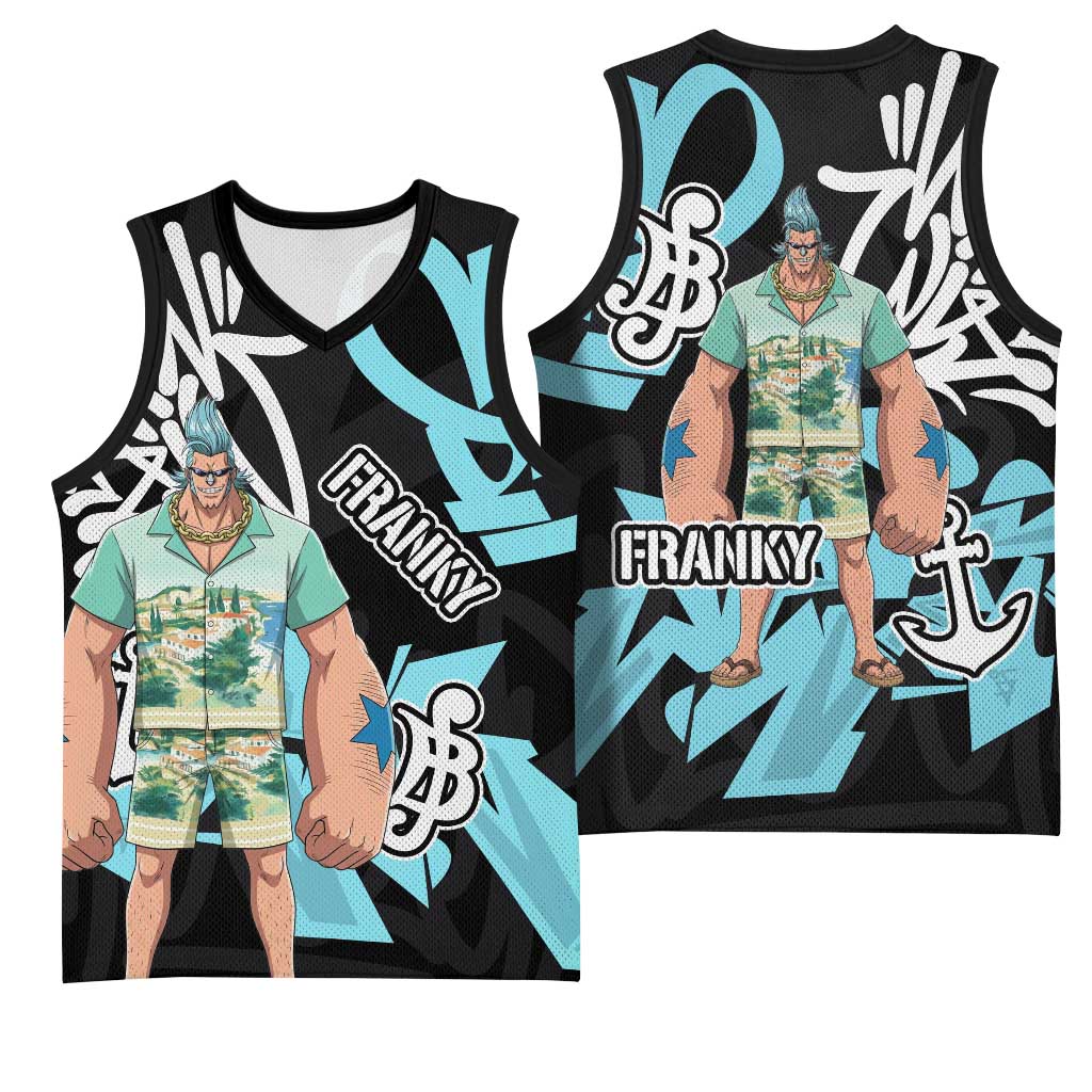 Franky One Piece Basketball Jersey Graffiti Street Art Anime Collage