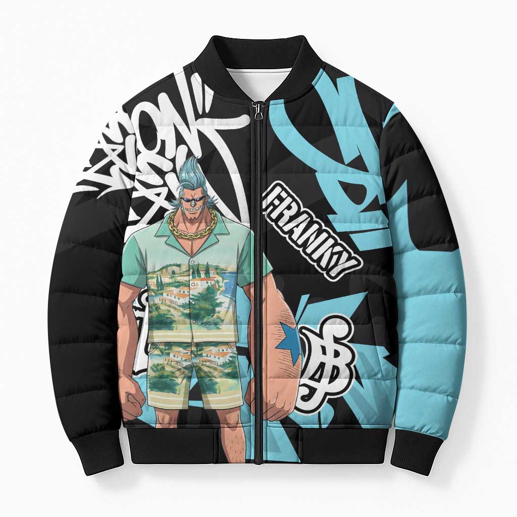 Franky One Piece Bomber Puffer Jacket Graffiti Street Art Anime Collage