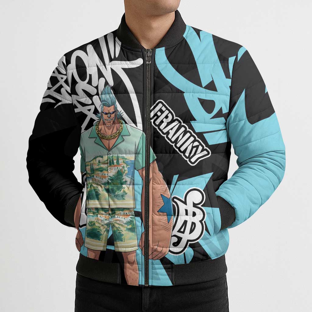 Franky One Piece Bomber Puffer Jacket Graffiti Street Art Anime Collage