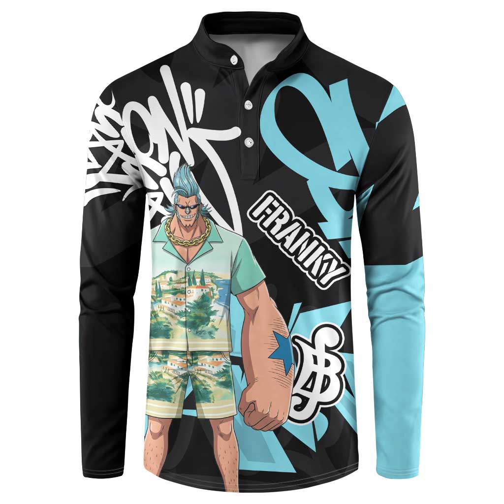 Franky One Piece Button Sweatshirt Graffiti Street Art Anime Collage