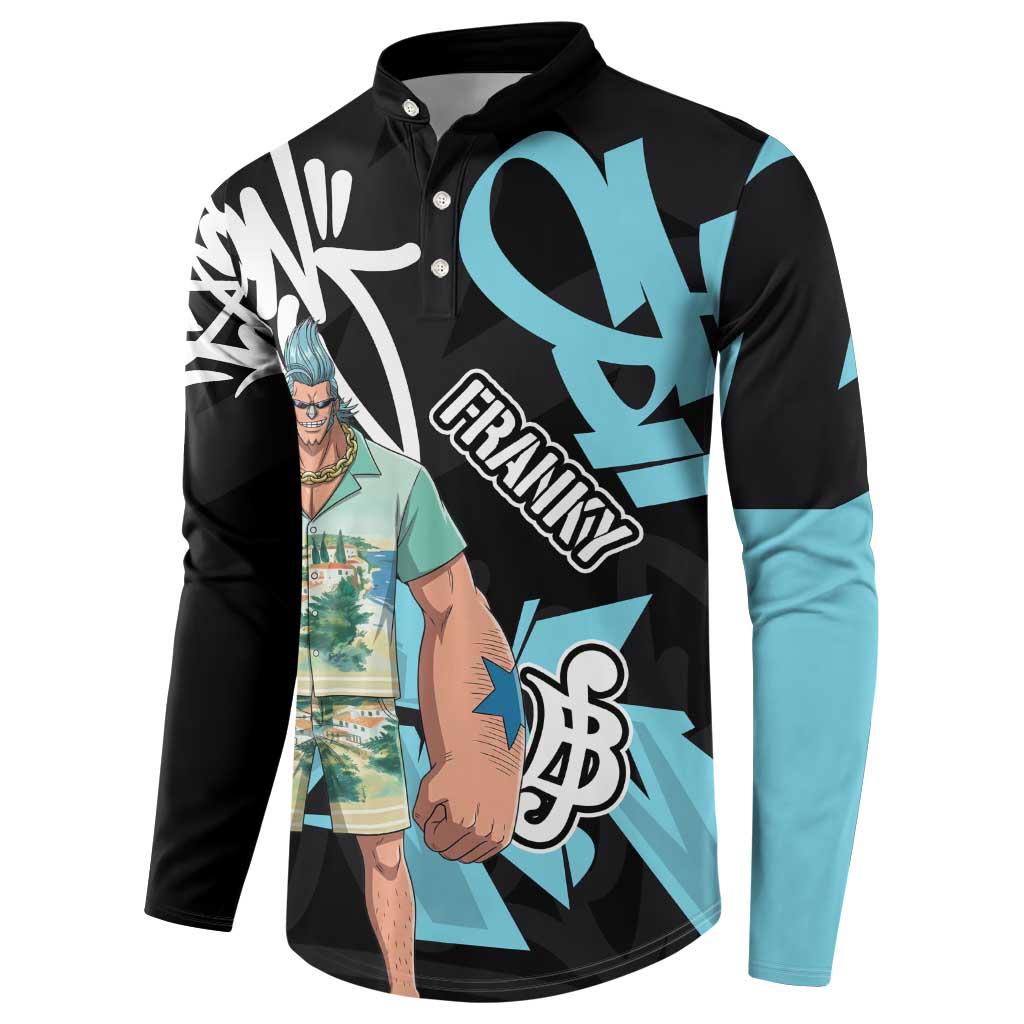 Franky One Piece Button Sweatshirt Graffiti Street Art Anime Collage