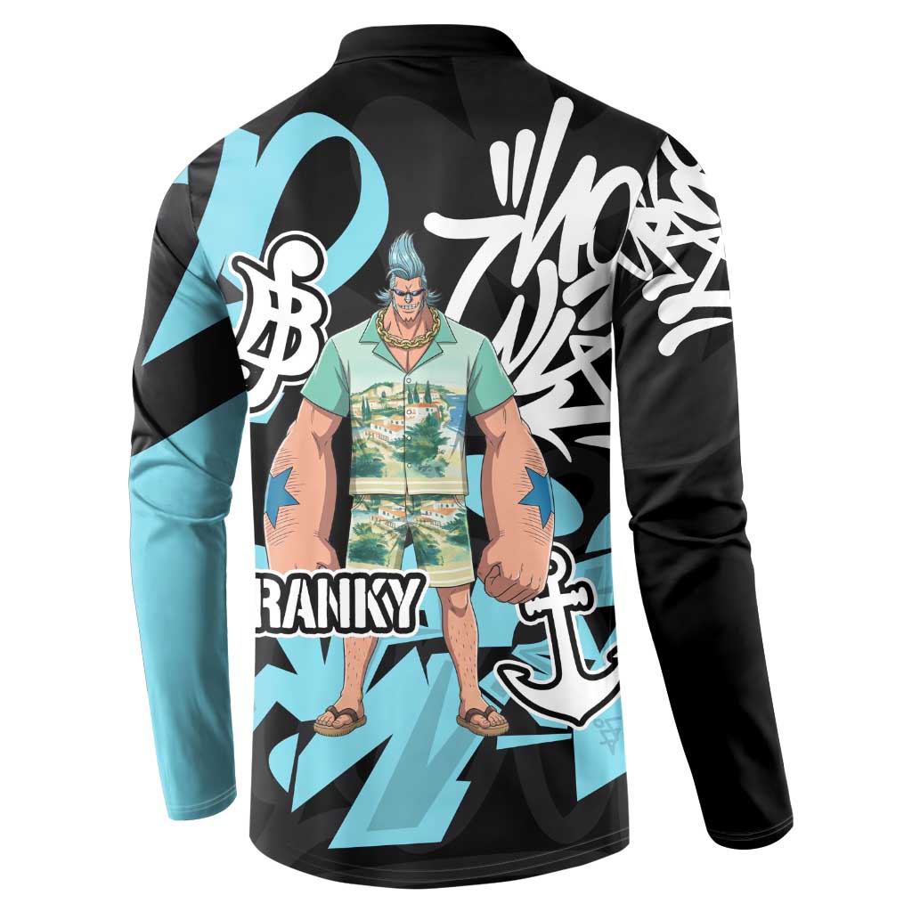 Franky One Piece Button Sweatshirt Graffiti Street Art Anime Collage