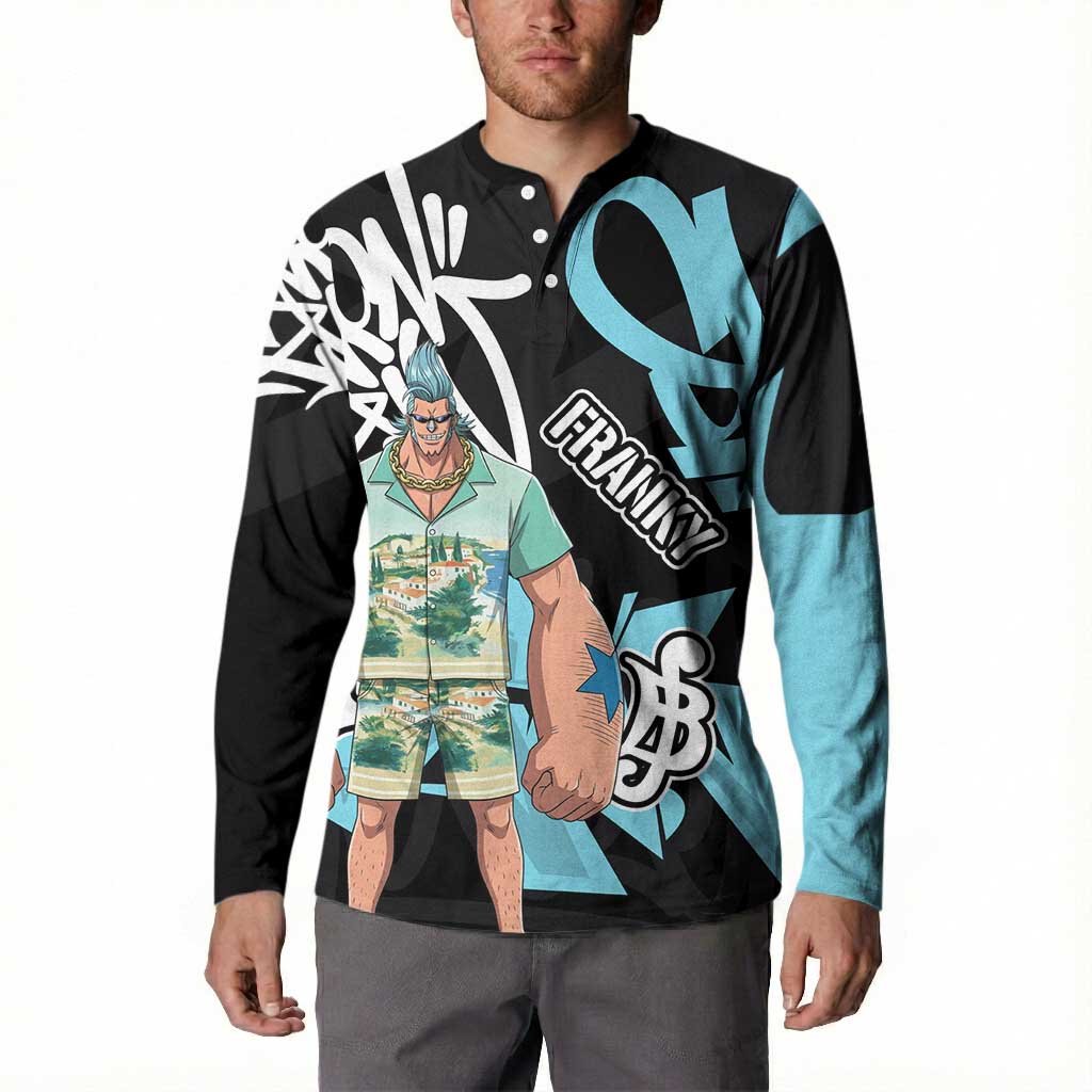 Franky One Piece Button Sweatshirt Graffiti Street Art Anime Collage