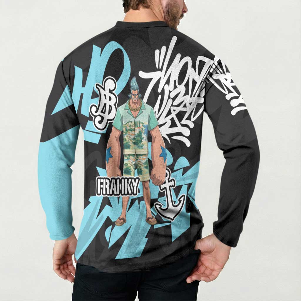 Franky One Piece Button Sweatshirt Graffiti Street Art Anime Collage