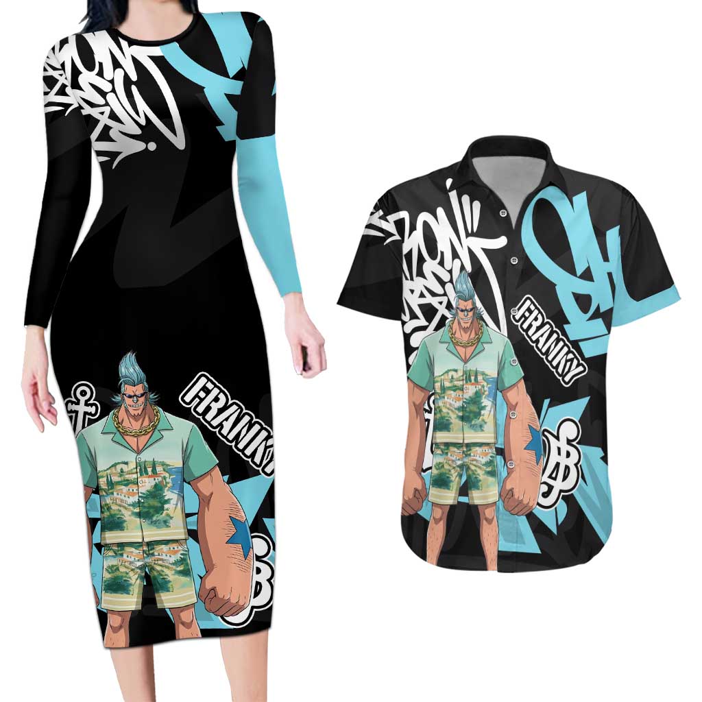 Franky One Piece Couples Matching Long Sleeve Bodycon Dress and Hawaiian Shirt Graffiti Street Art Anime Collage