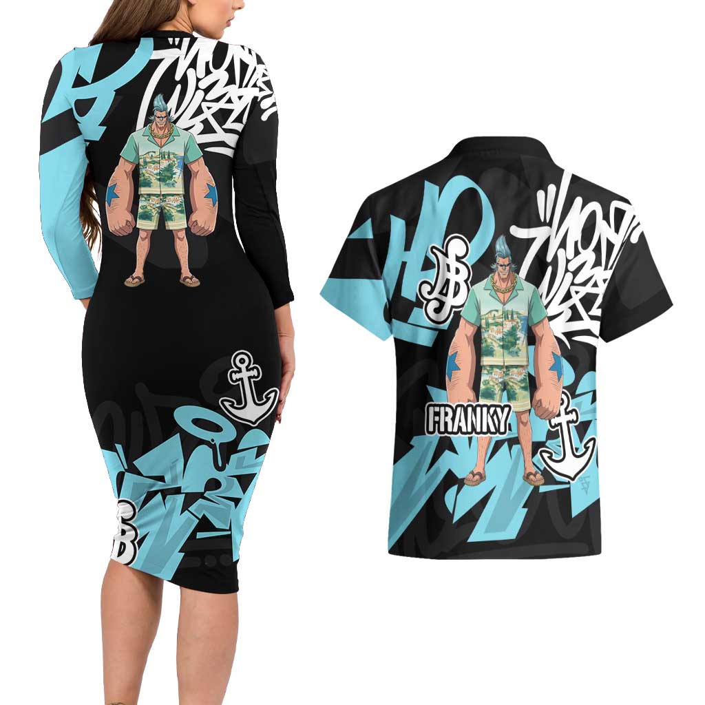Franky One Piece Couples Matching Long Sleeve Bodycon Dress and Hawaiian Shirt Graffiti Street Art Anime Collage
