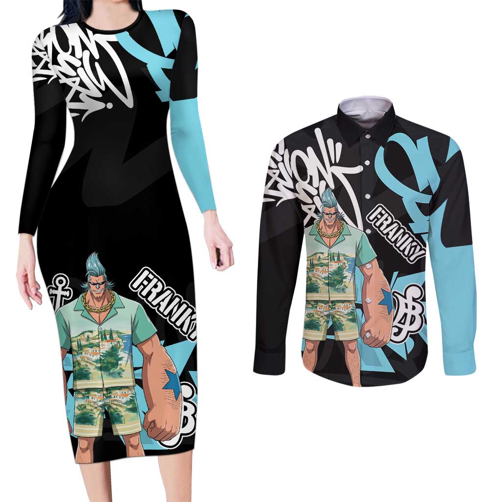 Franky One Piece Couples Matching Long Sleeve Bodycon Dress and Long Sleeve Button Shirt Graffiti Street Art Anime Collage
