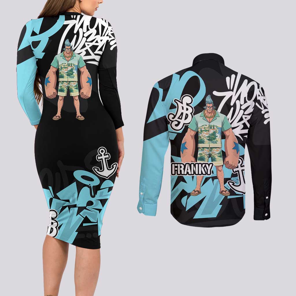 Franky One Piece Couples Matching Long Sleeve Bodycon Dress and Long Sleeve Button Shirt Graffiti Street Art Anime Collage