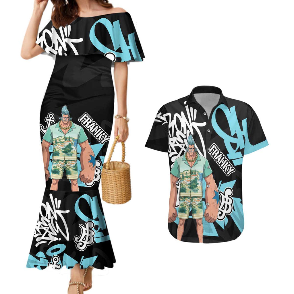 Franky One Piece Couples Matching Mermaid Dress and Hawaiian Shirt Graffiti Street Art Anime Collage