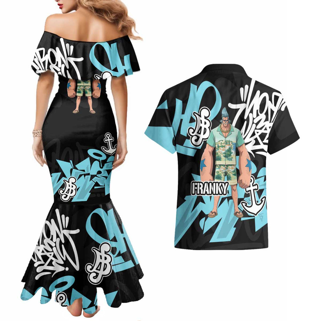 Franky One Piece Couples Matching Mermaid Dress and Hawaiian Shirt Graffiti Street Art Anime Collage