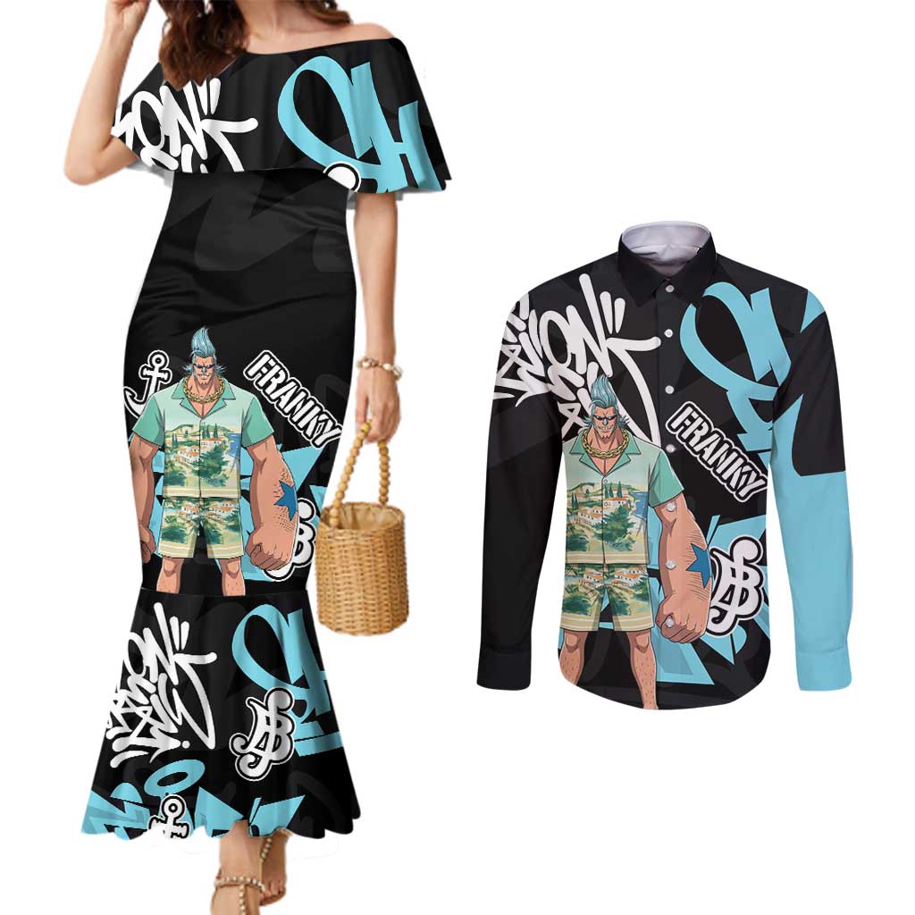 Franky One Piece Couples Matching Mermaid Dress and Long Sleeve Button Shirt Graffiti Street Art Anime Collage