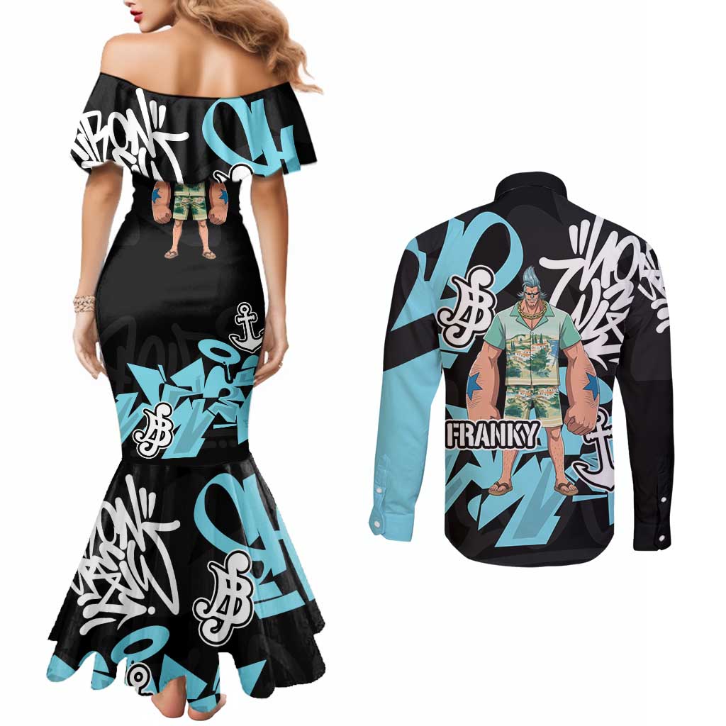 Franky One Piece Couples Matching Mermaid Dress and Long Sleeve Button Shirt Graffiti Street Art Anime Collage
