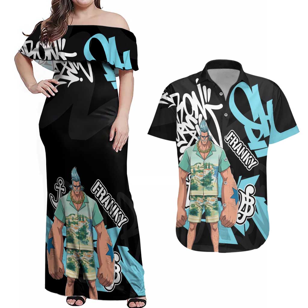 Franky One Piece Couples Matching Off Shoulder Maxi Dress and Hawaiian Shirt Graffiti Street Art Anime Collage