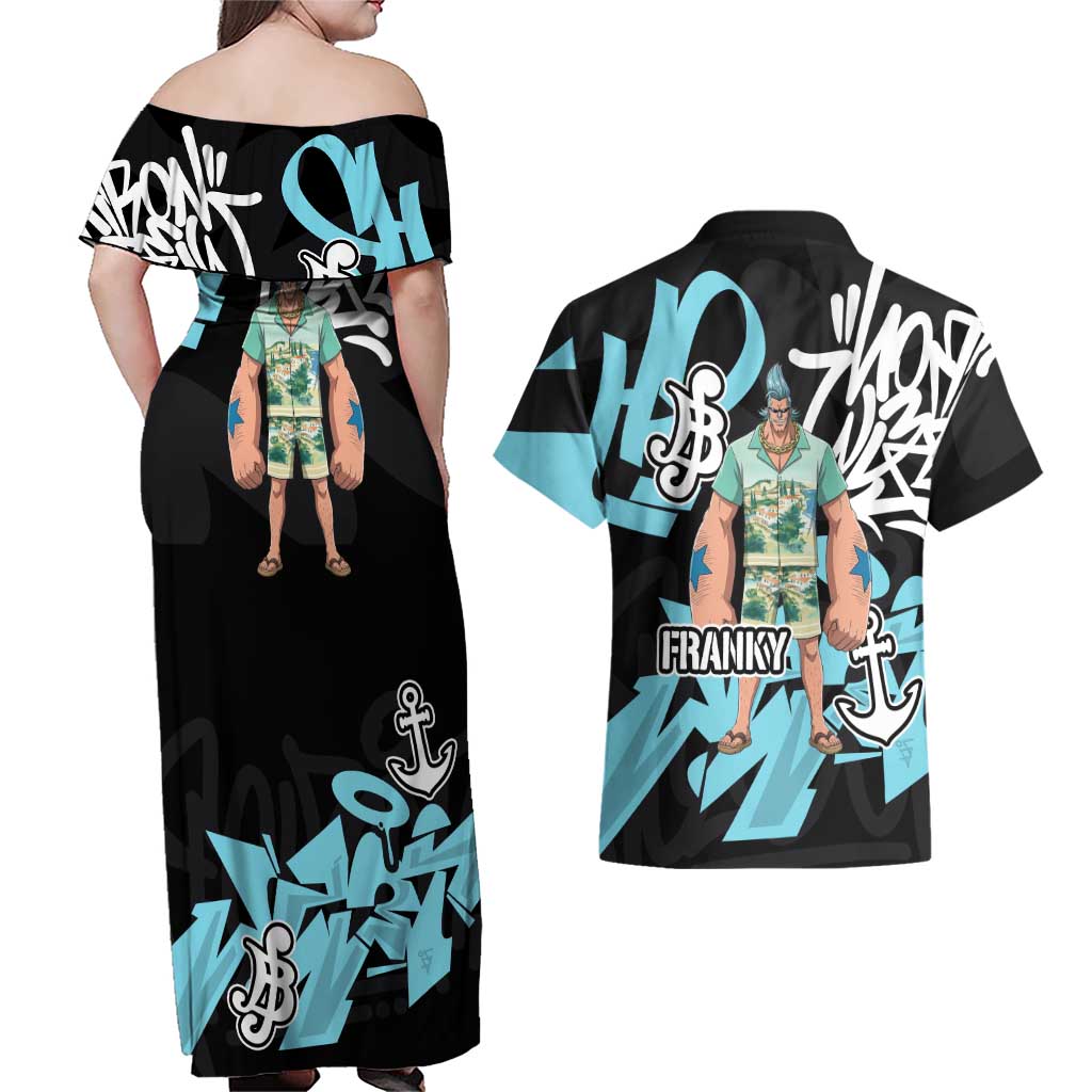 Franky One Piece Couples Matching Off Shoulder Maxi Dress and Hawaiian Shirt Graffiti Street Art Anime Collage