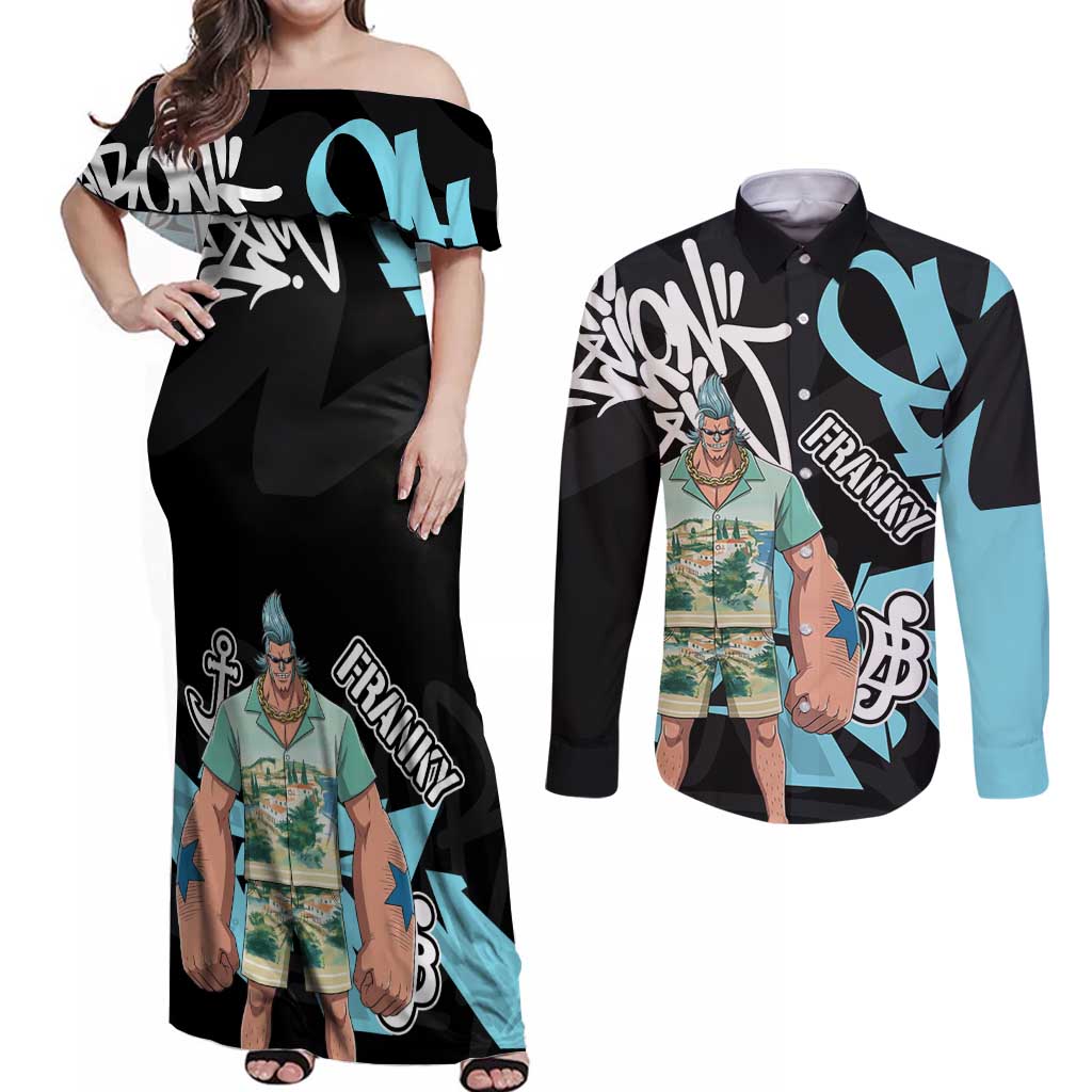 Franky One Piece Couples Matching Off Shoulder Maxi Dress and Long Sleeve Button Shirt Graffiti Street Art Anime Collage