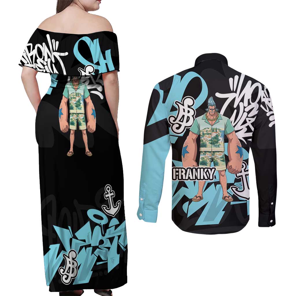 Franky One Piece Couples Matching Off Shoulder Maxi Dress and Long Sleeve Button Shirt Graffiti Street Art Anime Collage