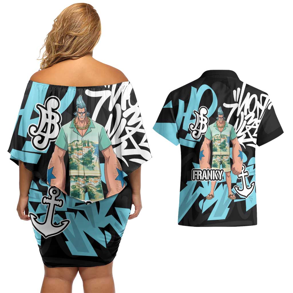 Franky One Piece Couples Matching Off Shoulder Short Dress and Hawaiian Shirt Graffiti Street Art Anime Collage