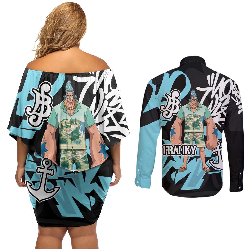 Franky One Piece Couples Matching Off Shoulder Short Dress and Long Sleeve Button Shirt Graffiti Street Art Anime Collage