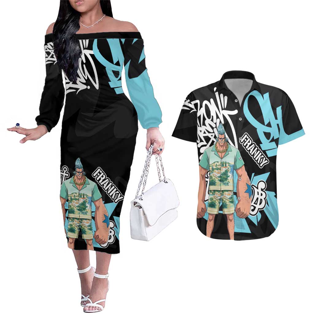 Franky One Piece Couples Matching Off The Shoulder Long Sleeve Dress and Hawaiian Shirt Graffiti Street Art Anime Collage