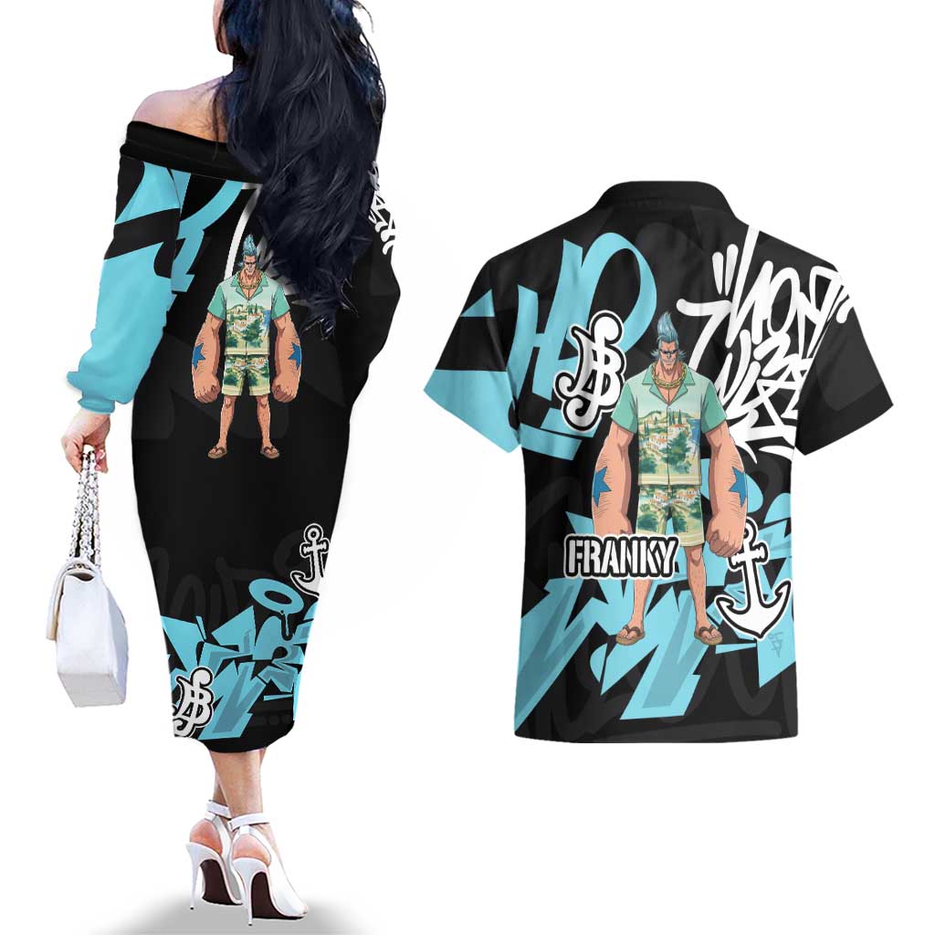Franky One Piece Couples Matching Off The Shoulder Long Sleeve Dress and Hawaiian Shirt Graffiti Street Art Anime Collage