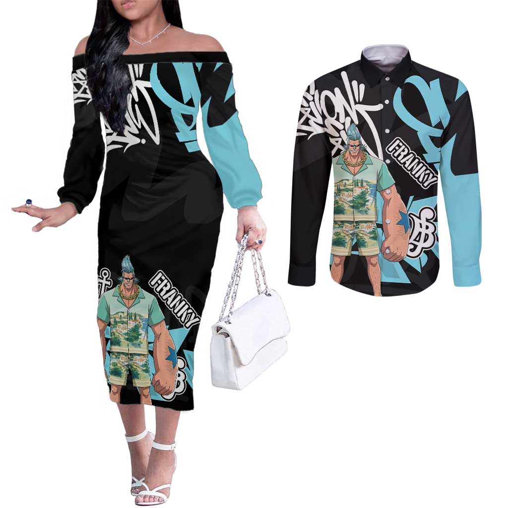 Franky One Piece Couples Matching Off The Shoulder Long Sleeve Dress and Long Sleeve Button Shirt Graffiti Street Art Anime Collage