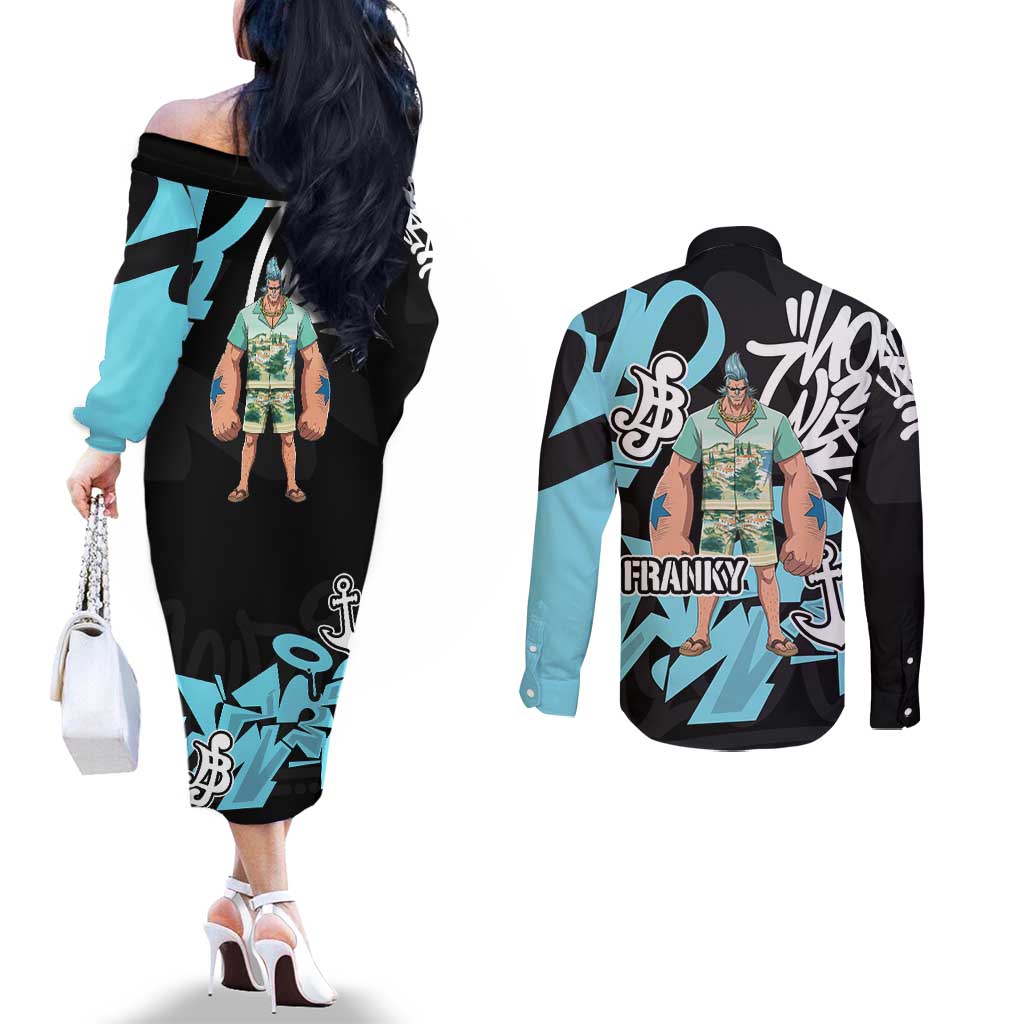 Franky One Piece Couples Matching Off The Shoulder Long Sleeve Dress and Long Sleeve Button Shirt Graffiti Street Art Anime Collage