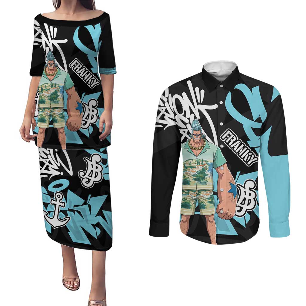 Franky One Piece Couples Matching Puletasi and Long Sleeve Button Shirt Graffiti Street Art Anime Collage