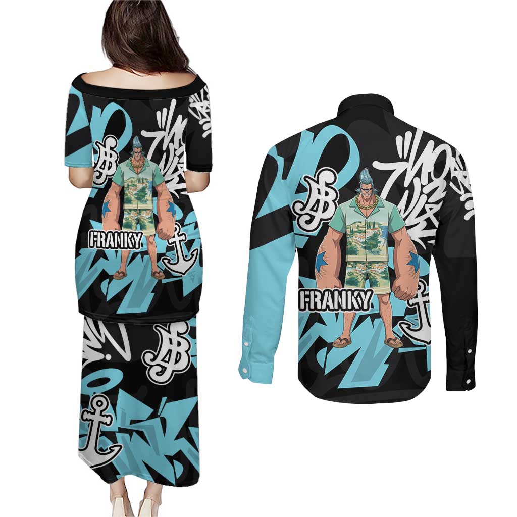Franky One Piece Couples Matching Puletasi and Long Sleeve Button Shirt Graffiti Street Art Anime Collage