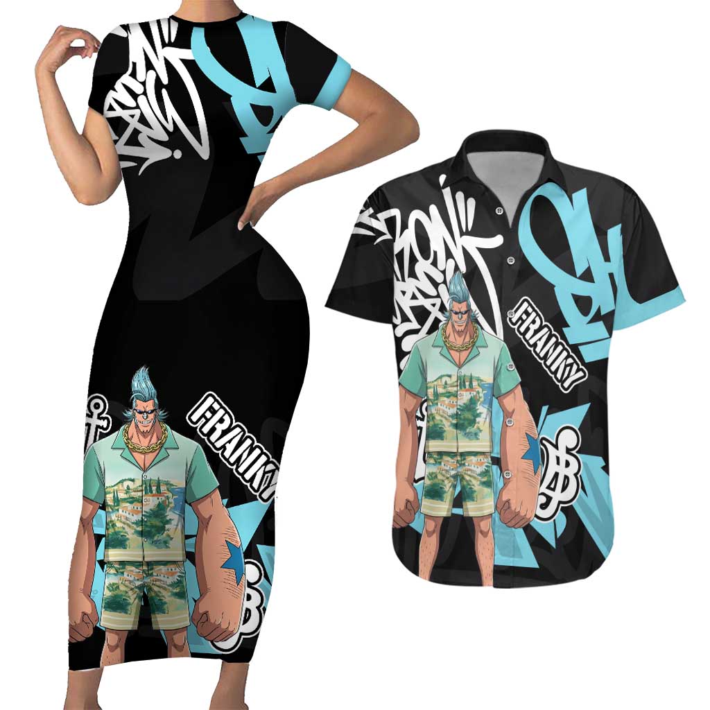 Franky One Piece Couples Matching Short Sleeve Bodycon Dress and Hawaiian Shirt Graffiti Street Art Anime Collage