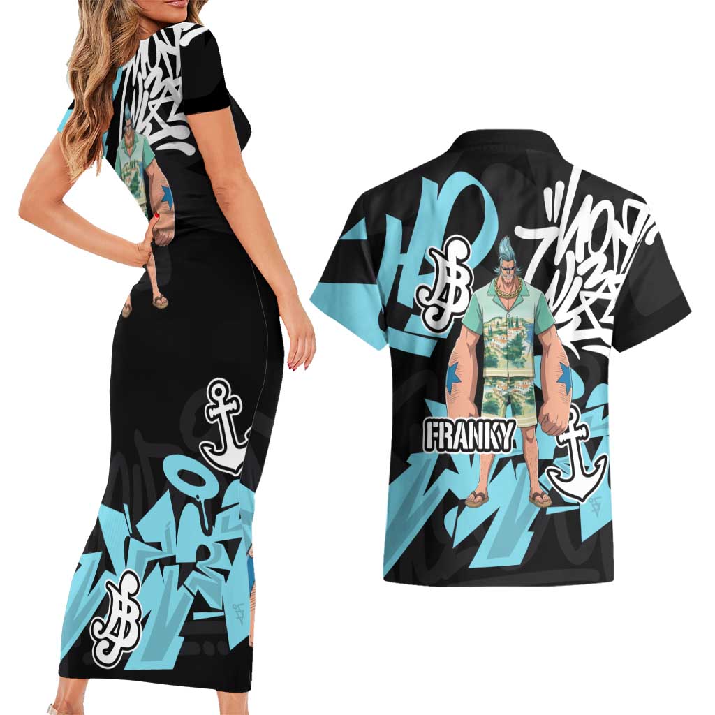 Franky One Piece Couples Matching Short Sleeve Bodycon Dress and Hawaiian Shirt Graffiti Street Art Anime Collage