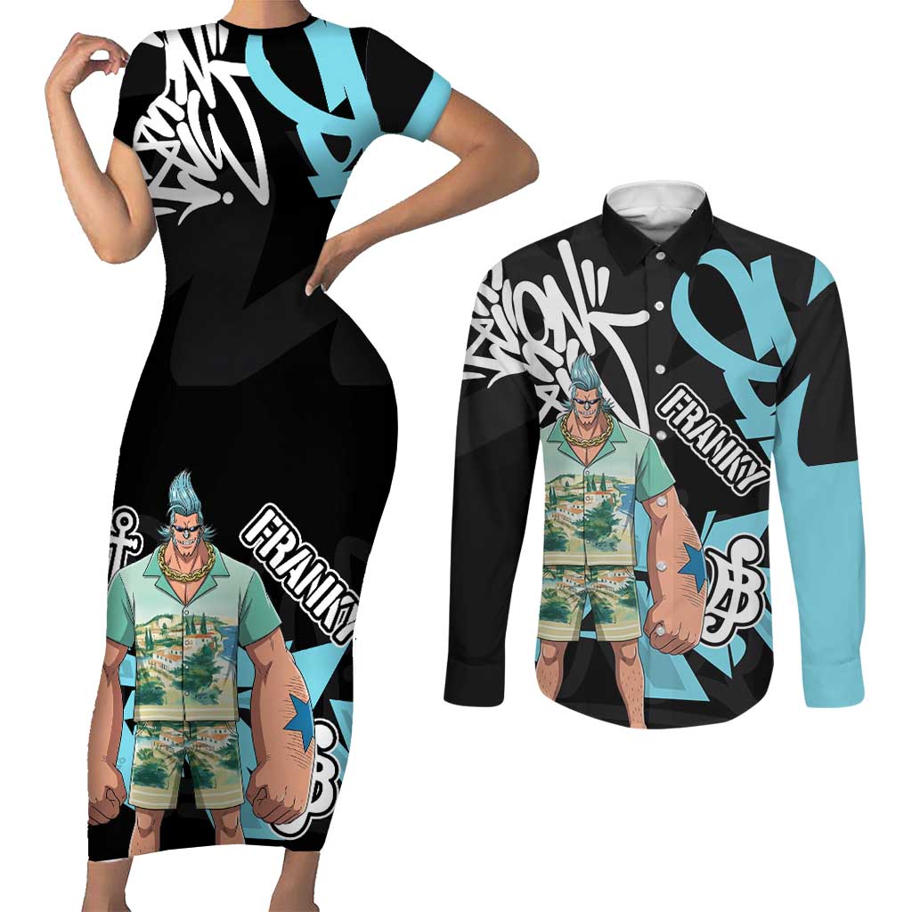 Franky One Piece Couples Matching Short Sleeve Bodycon Dress and Long Sleeve Button Shirt Graffiti Street Art Anime Collage