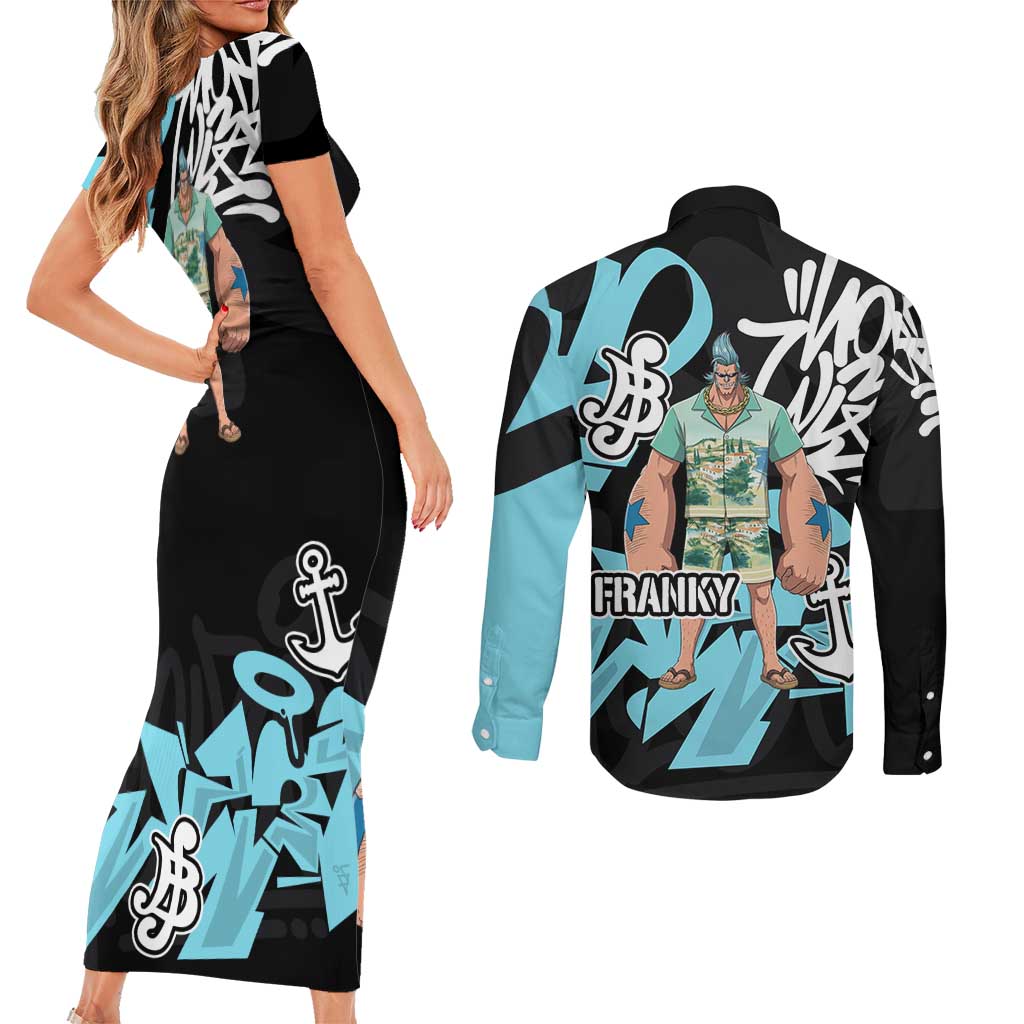 Franky One Piece Couples Matching Short Sleeve Bodycon Dress and Long Sleeve Button Shirt Graffiti Street Art Anime Collage