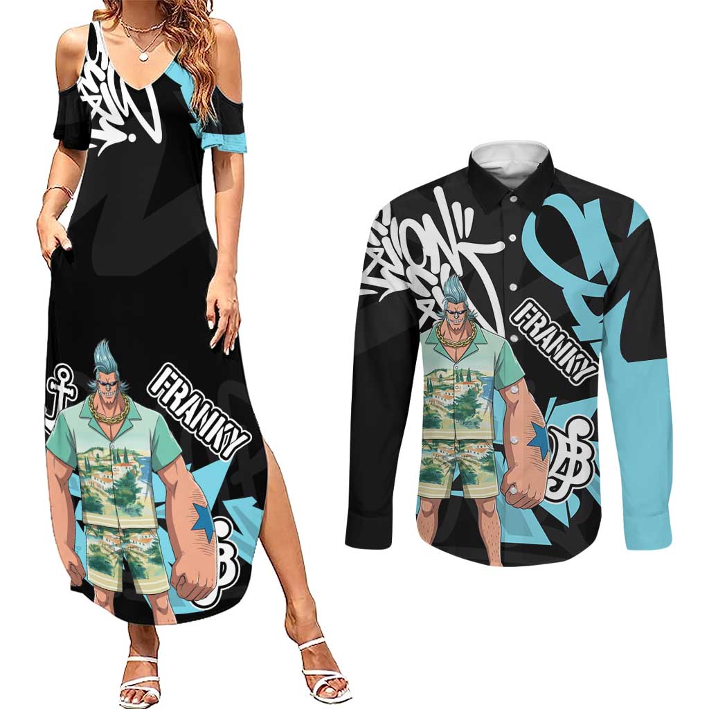 Franky One Piece Couples Matching Summer Maxi Dress and Long Sleeve Button Shirt Graffiti Street Art Anime Collage
