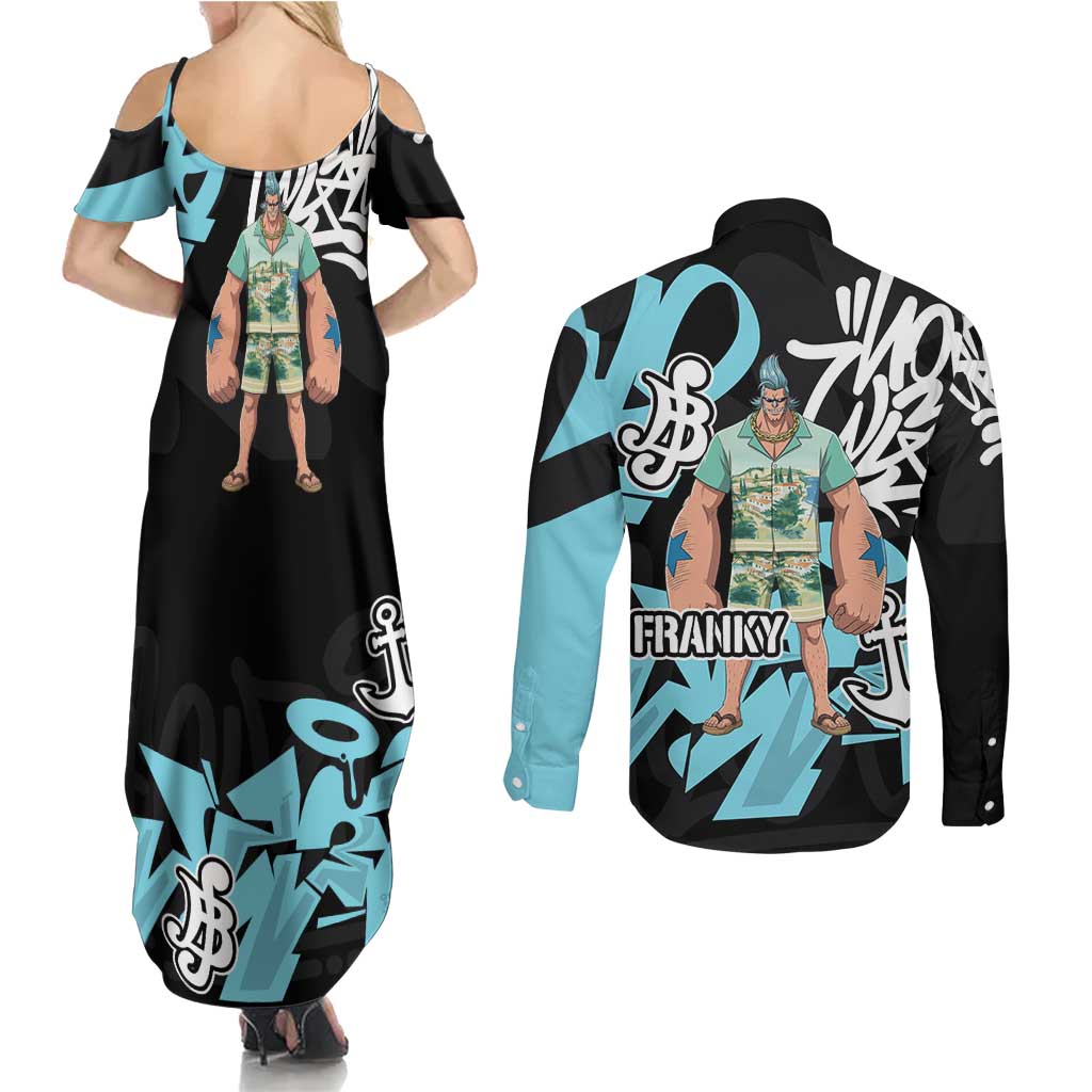 Franky One Piece Couples Matching Summer Maxi Dress and Long Sleeve Button Shirt Graffiti Street Art Anime Collage