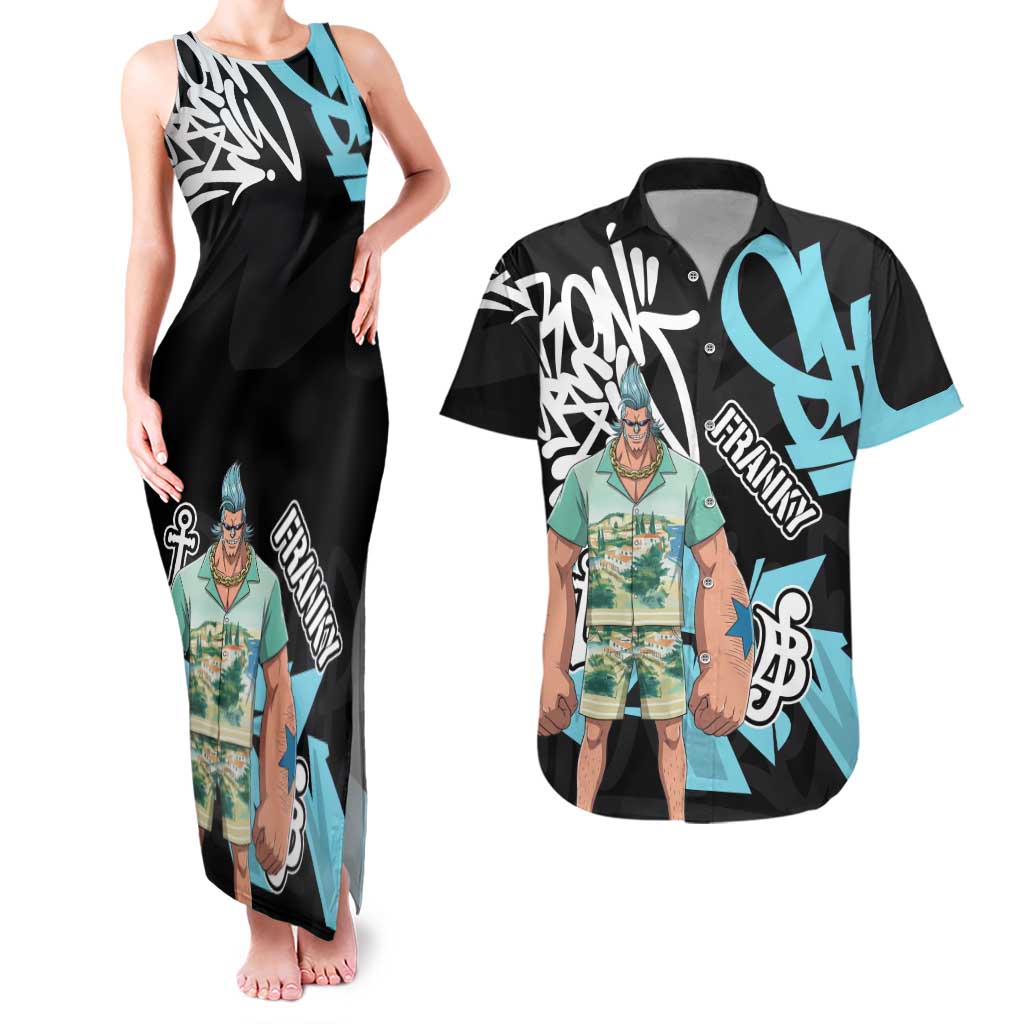 Franky One Piece Couples Matching Tank Maxi Dress and Hawaiian Shirt Graffiti Street Art Anime Collage