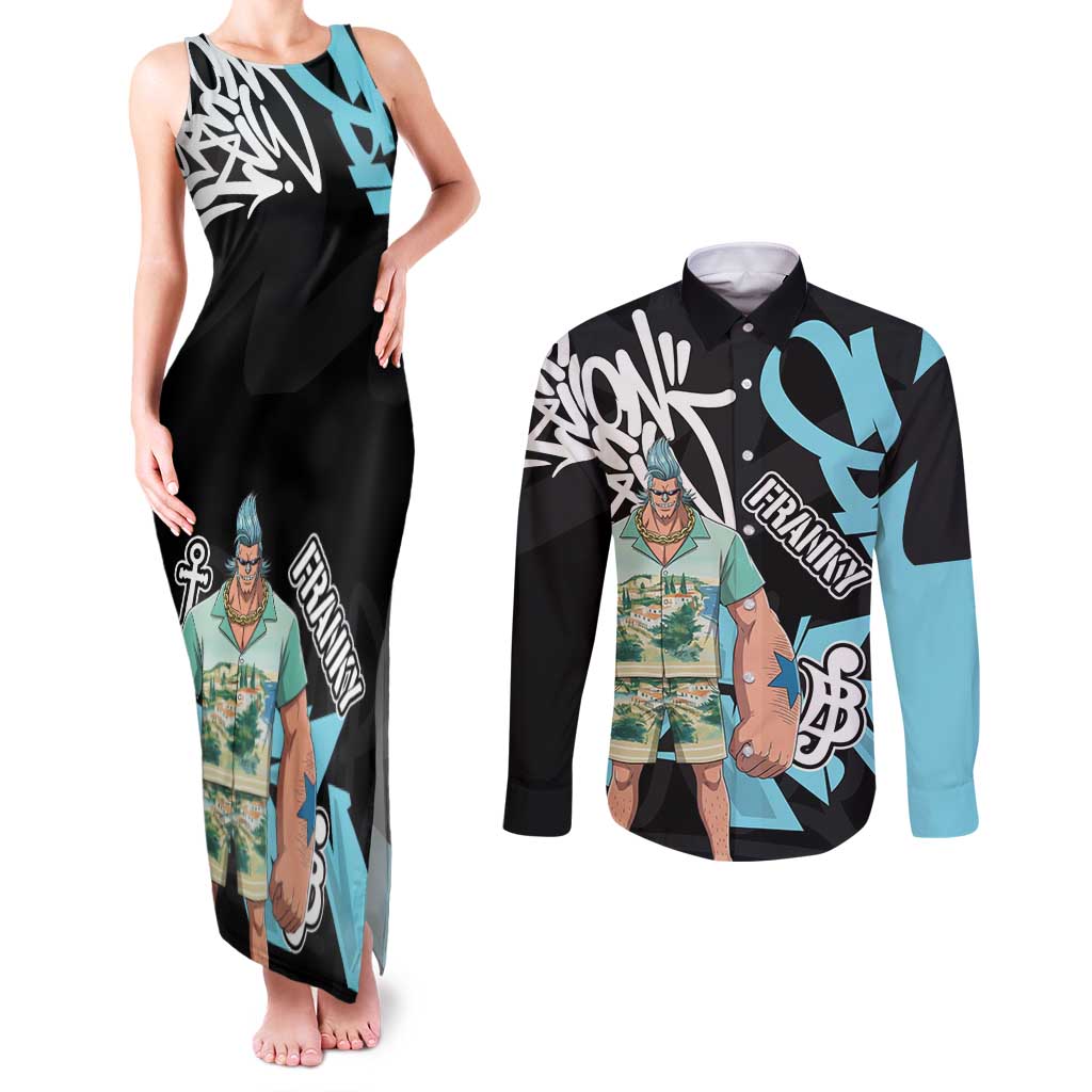 Franky One Piece Couples Matching Tank Maxi Dress and Long Sleeve Button Shirt Graffiti Street Art Anime Collage