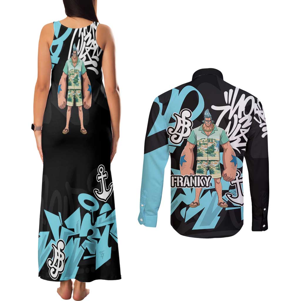Franky One Piece Couples Matching Tank Maxi Dress and Long Sleeve Button Shirt Graffiti Street Art Anime Collage