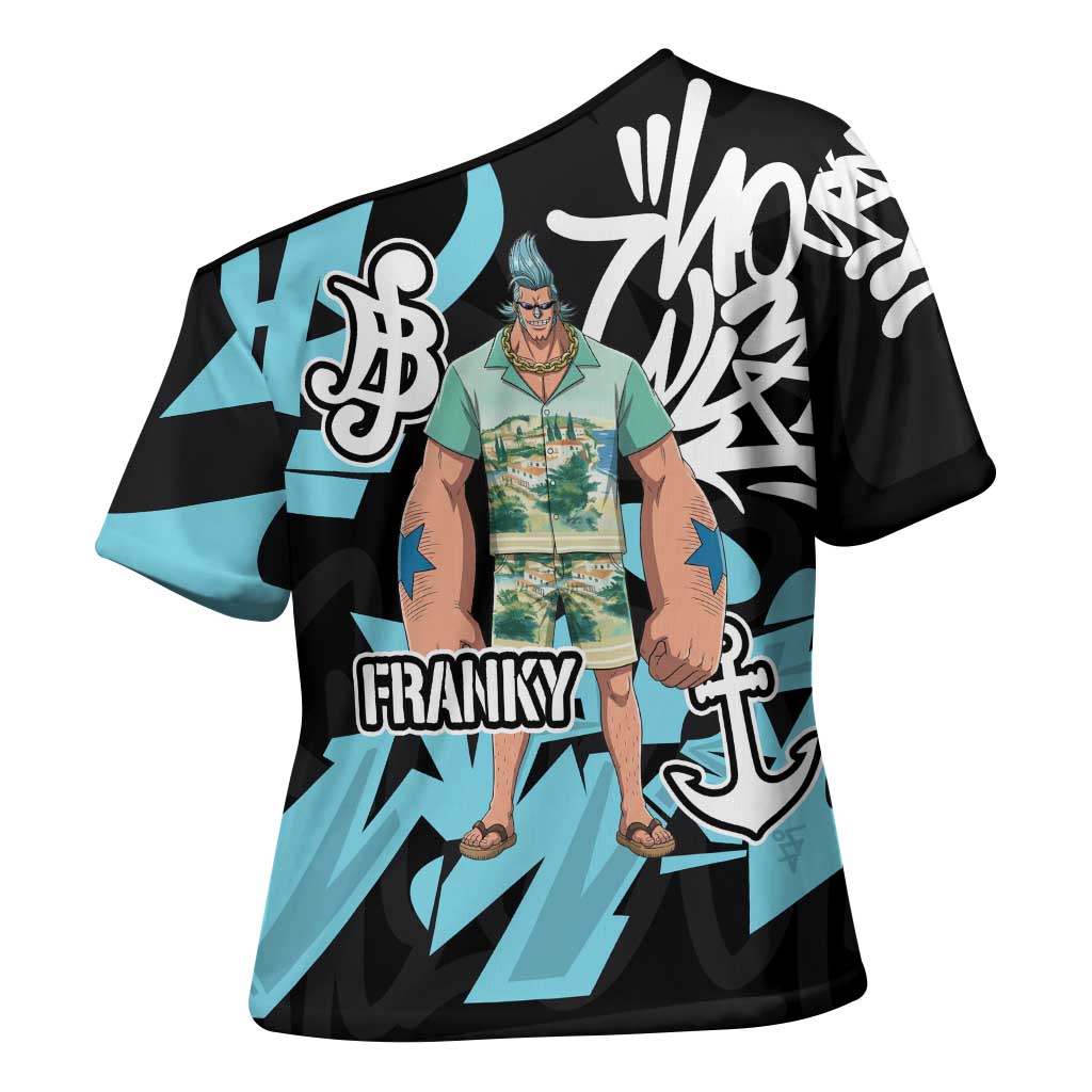 Franky One Piece Cross Shoulder Shirt Graffiti Street Art Anime Collage
