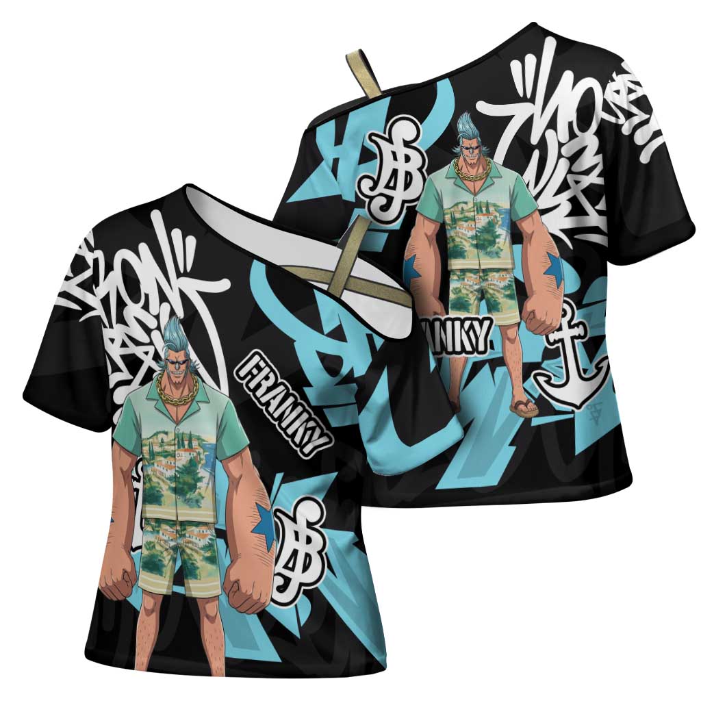 Franky One Piece Cross Shoulder Shirt Graffiti Street Art Anime Collage