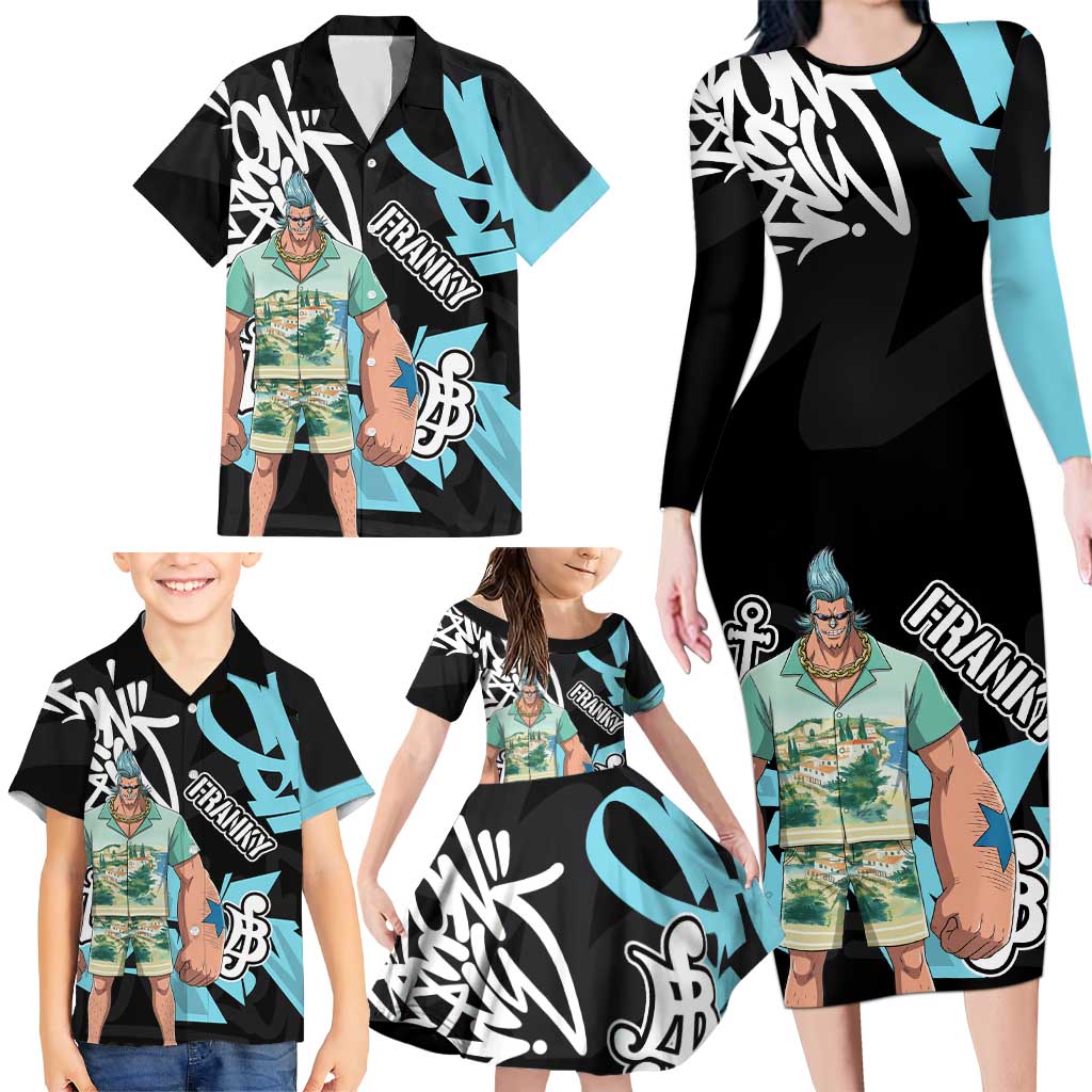 Franky One Piece Family Matching Long Sleeve Bodycon Dress and Hawaiian Shirt Graffiti Street Art Anime Collage