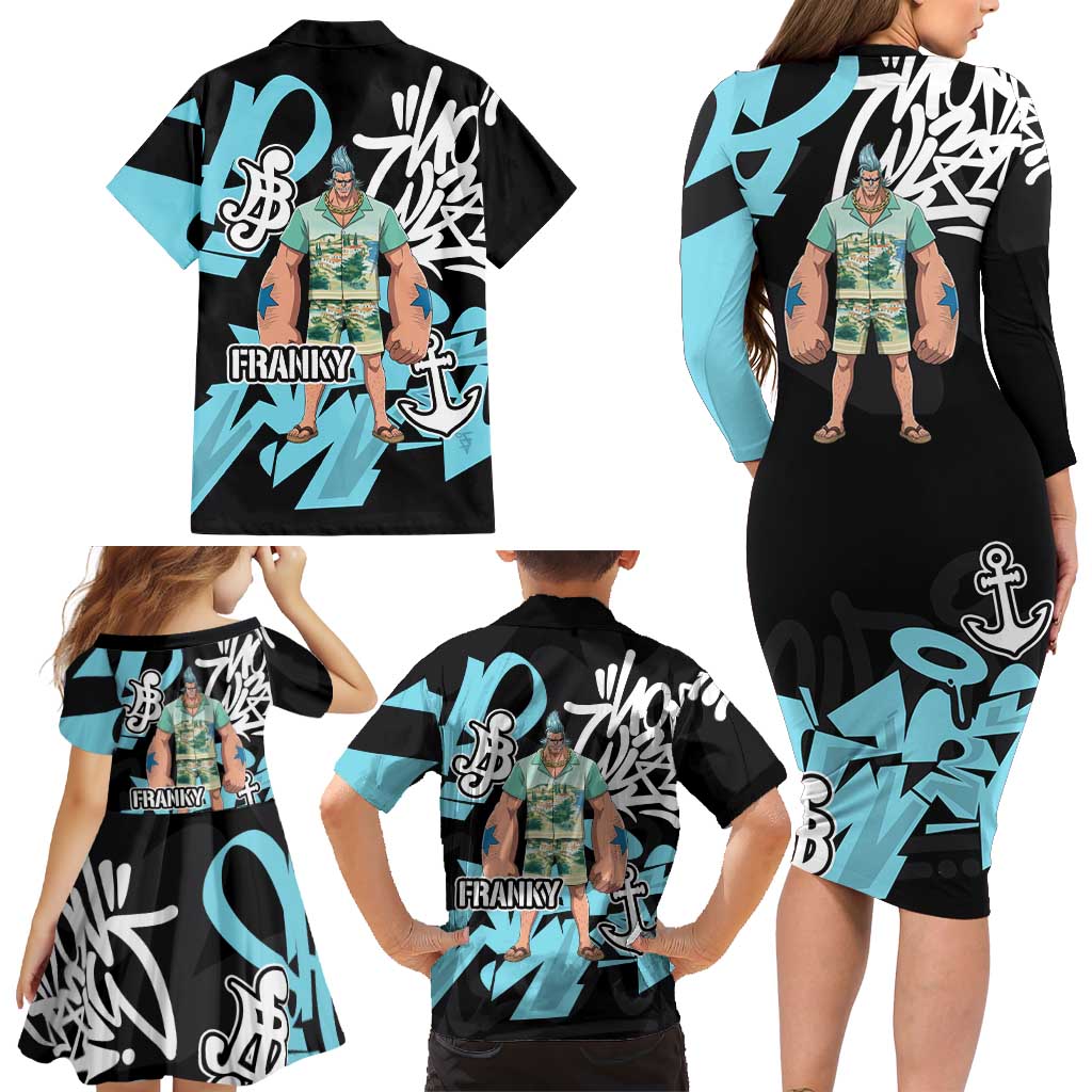 Franky One Piece Family Matching Long Sleeve Bodycon Dress and Hawaiian Shirt Graffiti Street Art Anime Collage