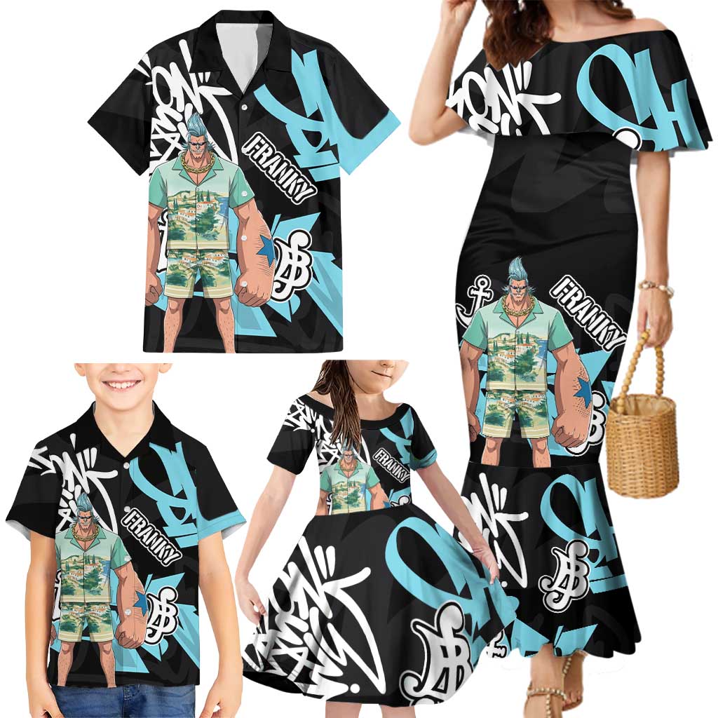 Franky One Piece Family Matching Mermaid Dress and Hawaiian Shirt Graffiti Street Art Anime Collage