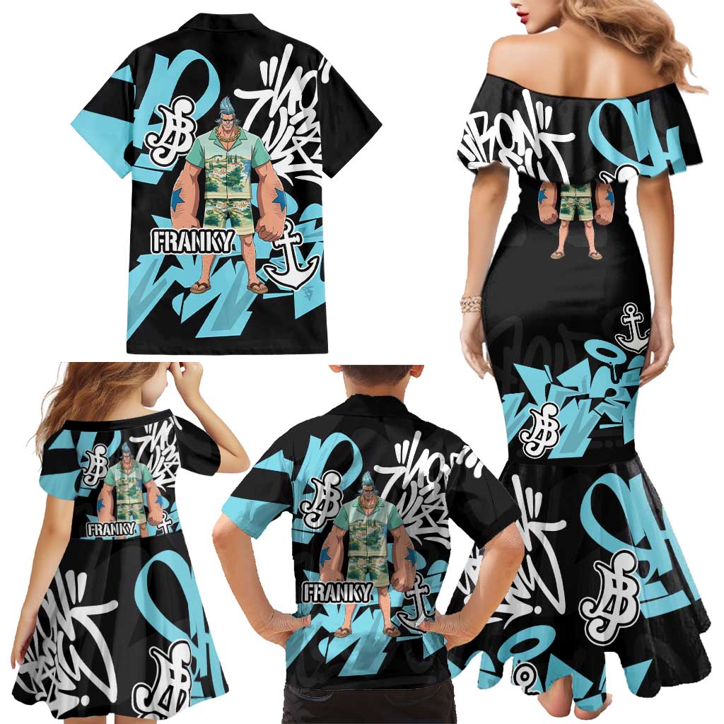 Franky One Piece Family Matching Mermaid Dress and Hawaiian Shirt Graffiti Street Art Anime Collage