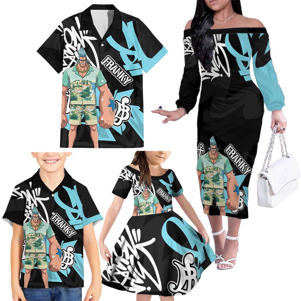 Franky One Piece Family Matching Off The Shoulder Long Sleeve Dress and Hawaiian Shirt Graffiti Street Art Anime Collage