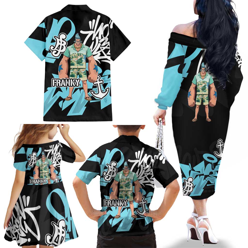 Franky One Piece Family Matching Off The Shoulder Long Sleeve Dress and Hawaiian Shirt Graffiti Street Art Anime Collage