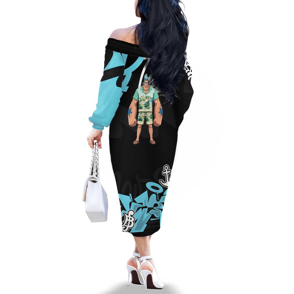 Franky One Piece Family Matching Off The Shoulder Long Sleeve Dress and Hawaiian Shirt Graffiti Street Art Anime Collage